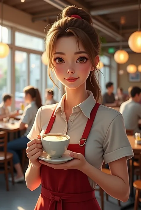 A waitress (blonde, Asian,  25 years, pretty)  in the foreground carrying a coffee with milk in a restaurant, realistic, detallada. There is no blur in the photo .