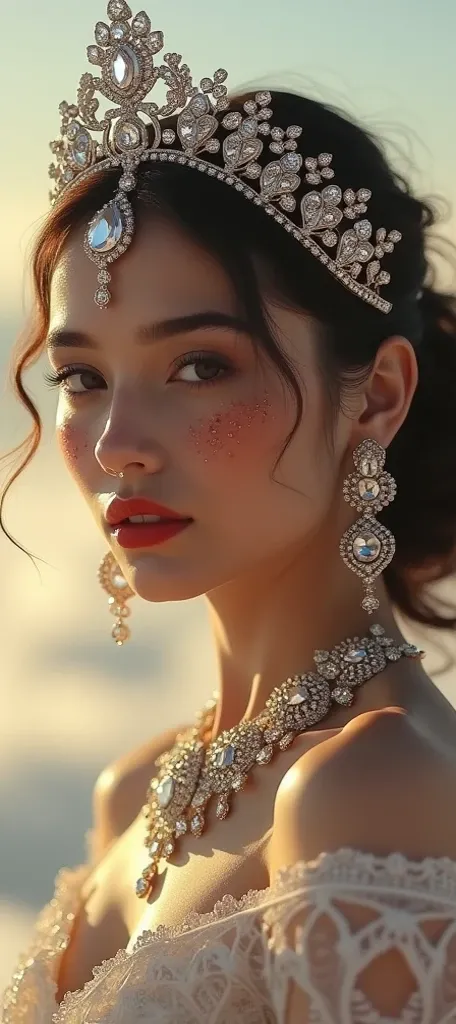  8k Hot and beautiful girl with wisten and heavy jewellery with  diamond crown full body jewellery face 2 white g with violin dress light red lipstick with black bindi heldi face and flying on sky with wings 