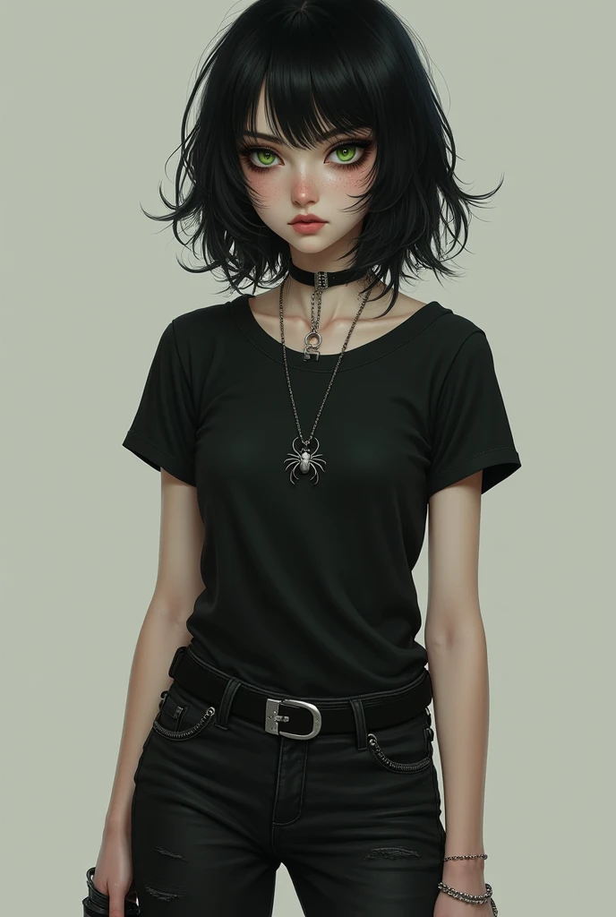 Depict a young woman with a gothic aesthetic. She has jet black, layered bob hair, pale skin with a hint of freckles, and dark eyeliner accentuating her sharp green eyes. Her clothing consists of a simple black t-shirt, skinny black jeans, and worn combat ...