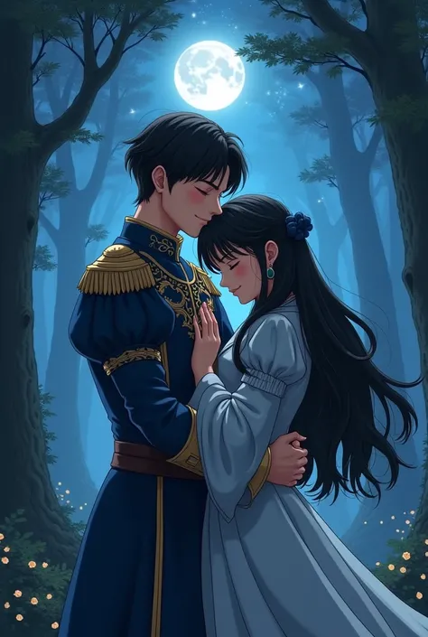  boy,  short black hair , Noble clothing ,  holding  girl in her arms, Black hair on the lap, both smiling, Anime medieval, Medieval forest at night , take the key, 2D