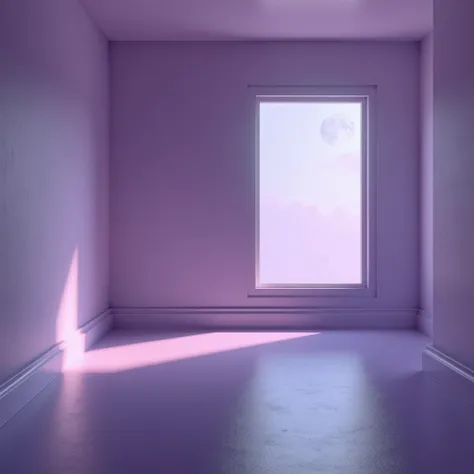 Empty room from a diagonal perspective ,  that the room is lilac in color and light comes through the window, Let it be night