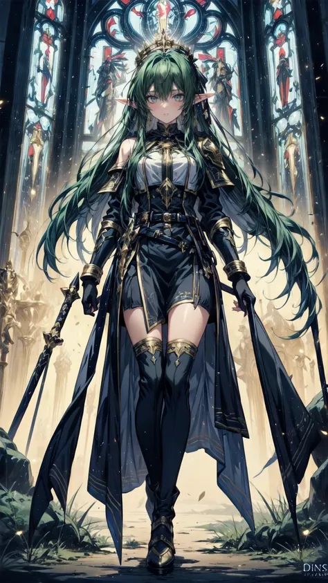 ,  The composition from head to toe ,   Full Body View ,  Female Elf Royal Paladin  ,  Fairy Emblem ,   Fairy Icon on Gold and Silver Armor and Steel Battle Armor Skirt,   Short Designed Hand Silver Gloves  , Golden Cape, Golden Belt,  Huge Magic Circle Be...