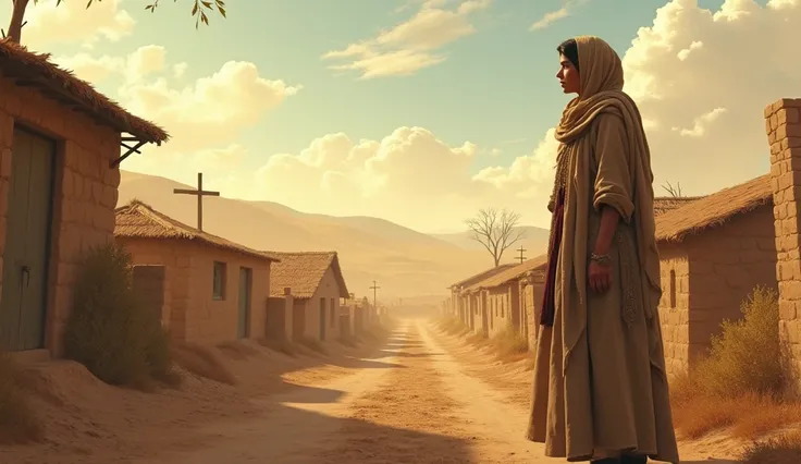 Create a scene where Naomi, dressed in humble, worn clothing, stands at the edge of a path with a look of determination and hope in her eyes. She has just heard that the famine in Bethlehem has ended.

The sky is slightly brighter, signaling the beginning ...