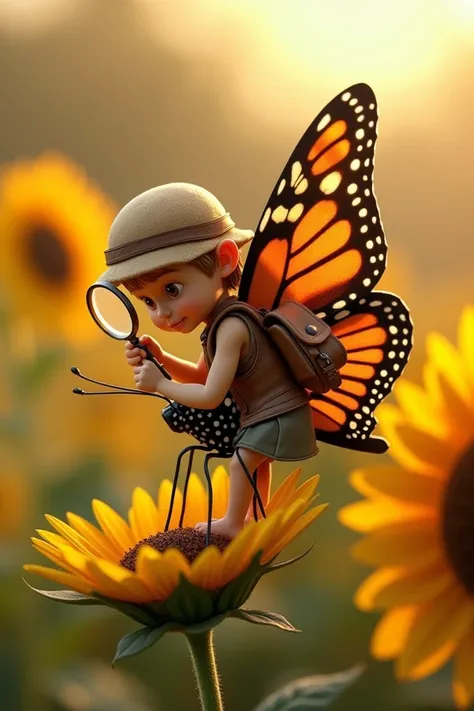 Pixie Explorer on a Butterfly
A curious pixie with a leather satchel and a magnifying glass, riding a vivid monarch butterfly in a field of sunflowers. The late afternoon sun bathes the scene in warm golden hues. The pixie leans forward, inspecting a glist...