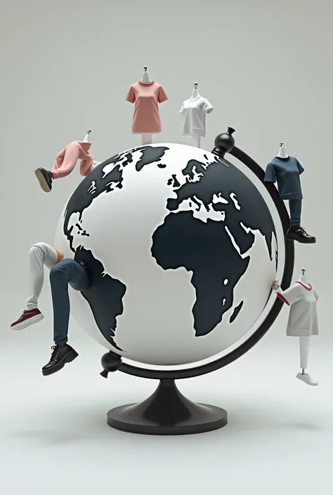  A globe with clothes  (t-shirts, pants,  Shoes) hanging from it , representing the global impact of fashion.