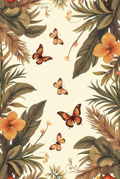 A single tile of a repeatable textile pattern inspired by vintage designs with a tropical theme. The tile features intricate elements like trees, butterflies, and foliage in sepia tones. The pattern is standalone and seamlessly repeatable, without any back...