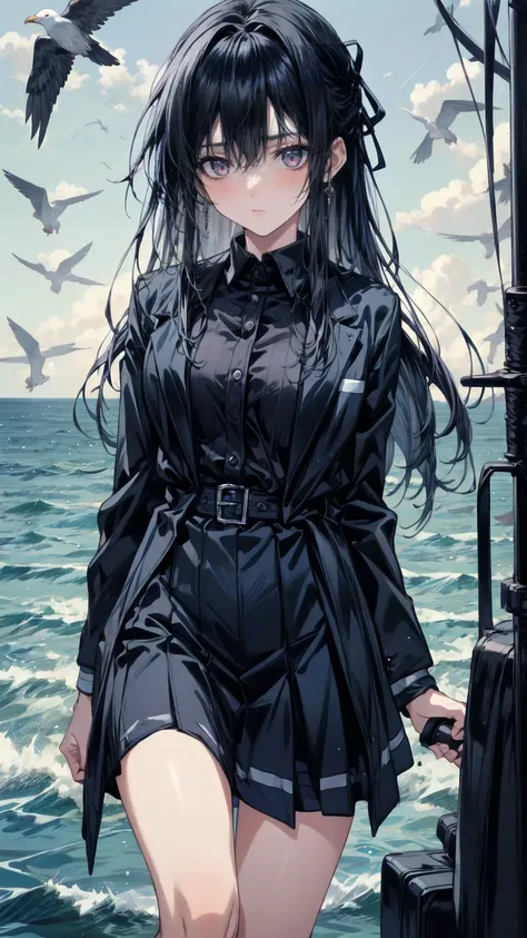 A girl came out of the sea  ,   1 girl,Ryuei  ,Grey Hair,bangs,  Long Sleeve  ,  hair accessories,  black jacket  ,  Black Hair Band  ,  High Quality  ,green dress,High Leg Raise,  skirt, Half-laugh,     has a gentle expression   ,   Seascape and sunshine ...