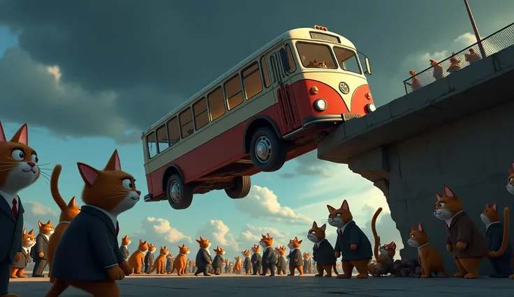 A tense and dramatic scene showing an animated, anthropomorphic bus hanging off the edge of a broken bridge, with its rear wheels precariously dangling in the air. The bridge is visibly shattered, with large cracks and broken pieces. The bus is leaning at ...