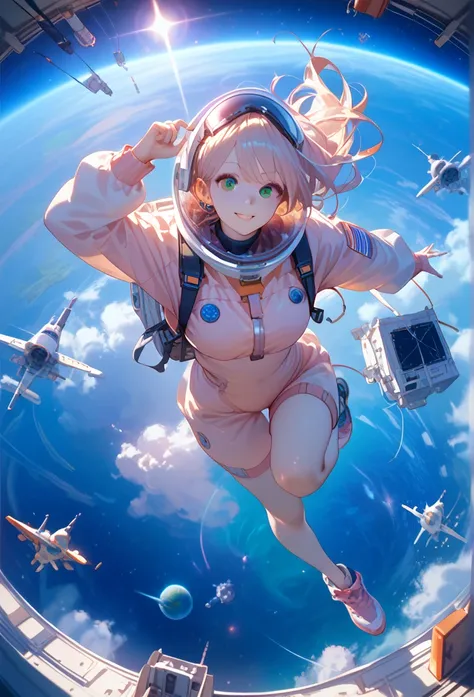 Absurd resolution, high resolution, (masterpiece:1.4), ultra-detailed, 1girl, in spacesuit, seen from above, space, floating, satellite, running pose, wide-angle lens distortion.