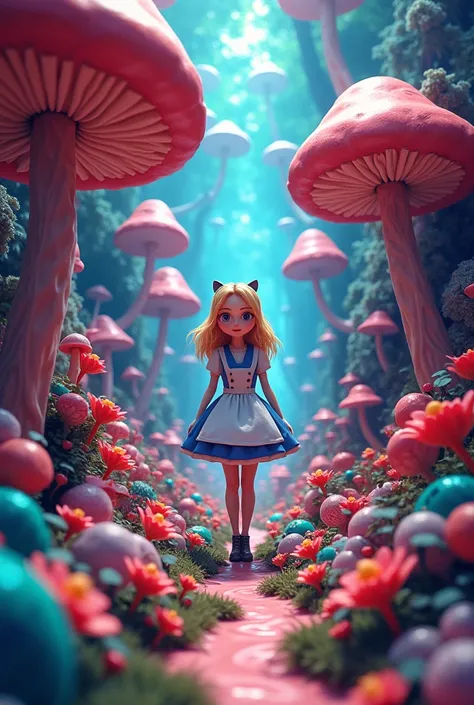 psychedelic，mystery fantasy, a  Alice walking the throught in mushroom jungle,LSD, Third Eye Psychedelic Trance，music，mushroom, jungle, bright vivid colorful, look at the camera, 3D render