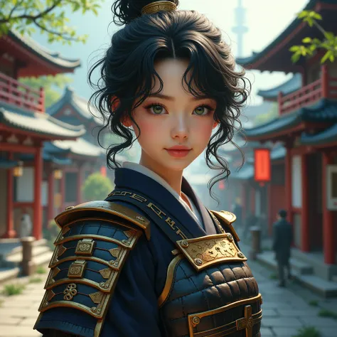 Portrait of the face of a 30-year-old Japanese girl with green eyes and curly short black hair dressed as a samurai in a Japanese city in the background