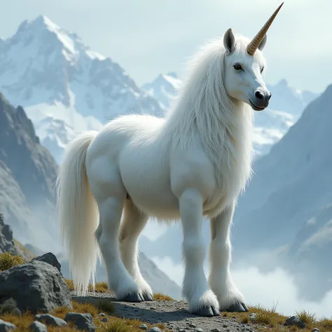 Full body, feral, Arabian-thoroughbred deer-like white, with zebra-tail, nature, stands, with cattle hoof, with white long mane, with white unicorn horn, side view, very detailed fur, in the high mountains, very high quality, High resolution, detailed back...