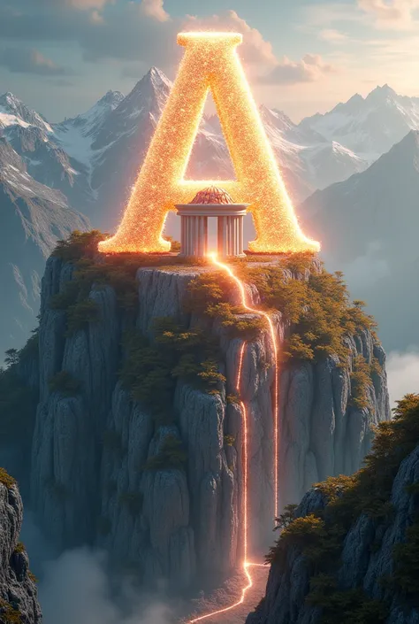 generez une image avec la lettre A pour Architecture et S pour Sion sur une montagne Lumineuse. Et une maison scintillante au sommet aevc quatre colonnes