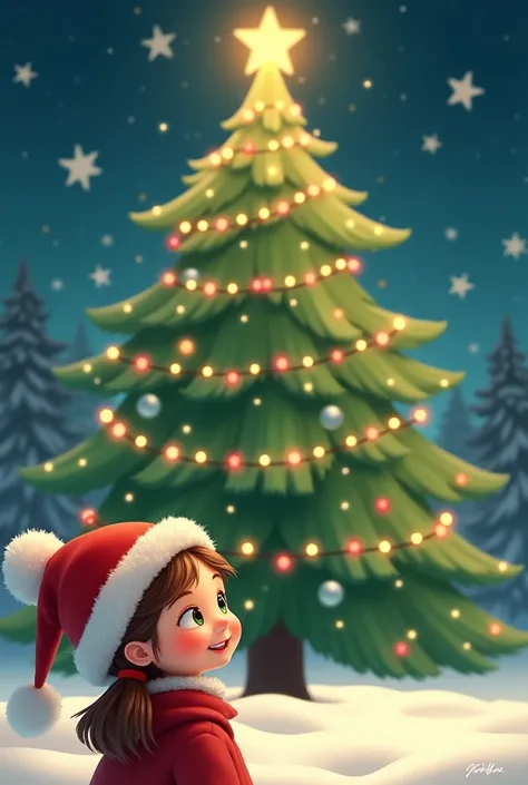 Girl with a Christmas hat in front of a Christmas pine tree