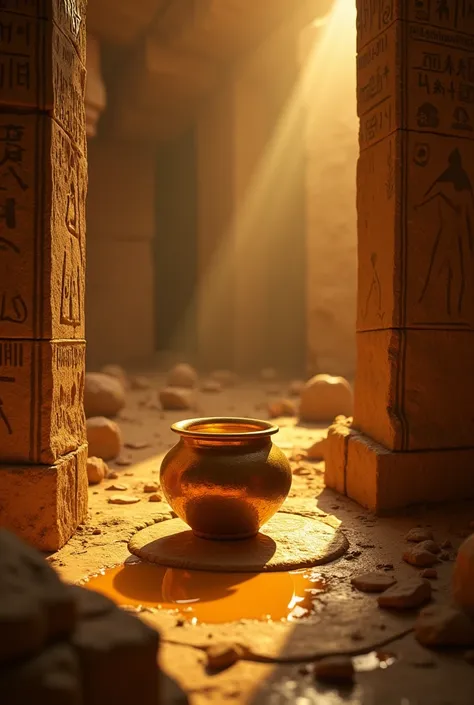 A close-up shot of an ancient, weathered Egyptian tomb with a pot of honey inside, illuminated by soft, golden light. The honey is perfectly preserved, reflecting its timeless nature. The surrounding tomb walls feature hieroglyphics and dusty artifacts."