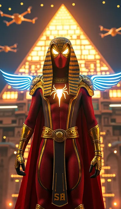 A figure dressed in a Spider-Man costume inspired by a cyberpunk version of ancient Egyptian mythology. The costume features sleek gold and crimson tones, with glowing hieroglyphs that pulse like circuitry. The mask has sharp holographic eyes with a radian...