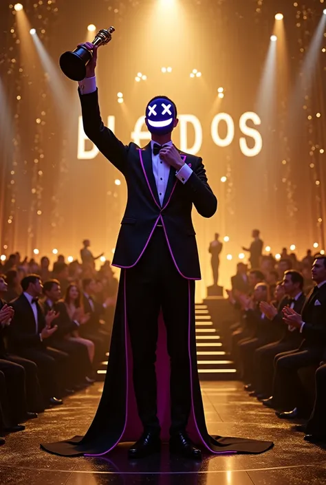 The grand stage of the Academy Awards is bathed in shimmering gold light, the iconic Oscar statuette standing tall at the center of the stage. A massive screen behind displays Blaidos name in bold, glowing letters, reading: "Best Actor: Blaidos - The Laugh...