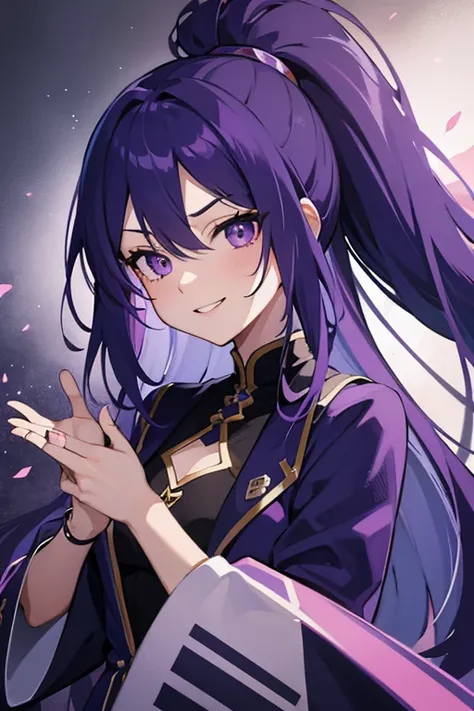 Blue-purple hair, Ridiculously long hair, Hair between the eyes, High Ponytail, purple eyespurple suit, Anime Color,fingersmile