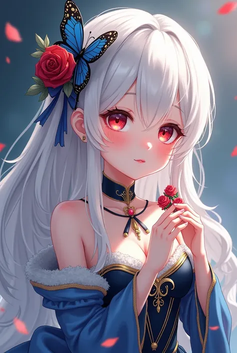 Girl with white hair long hair red eyes holding Rose butterfly hairclipped in blue and black princess dress in shiny blue and shiny golden colour fluffy hair cute face expression delicate nose and lips 