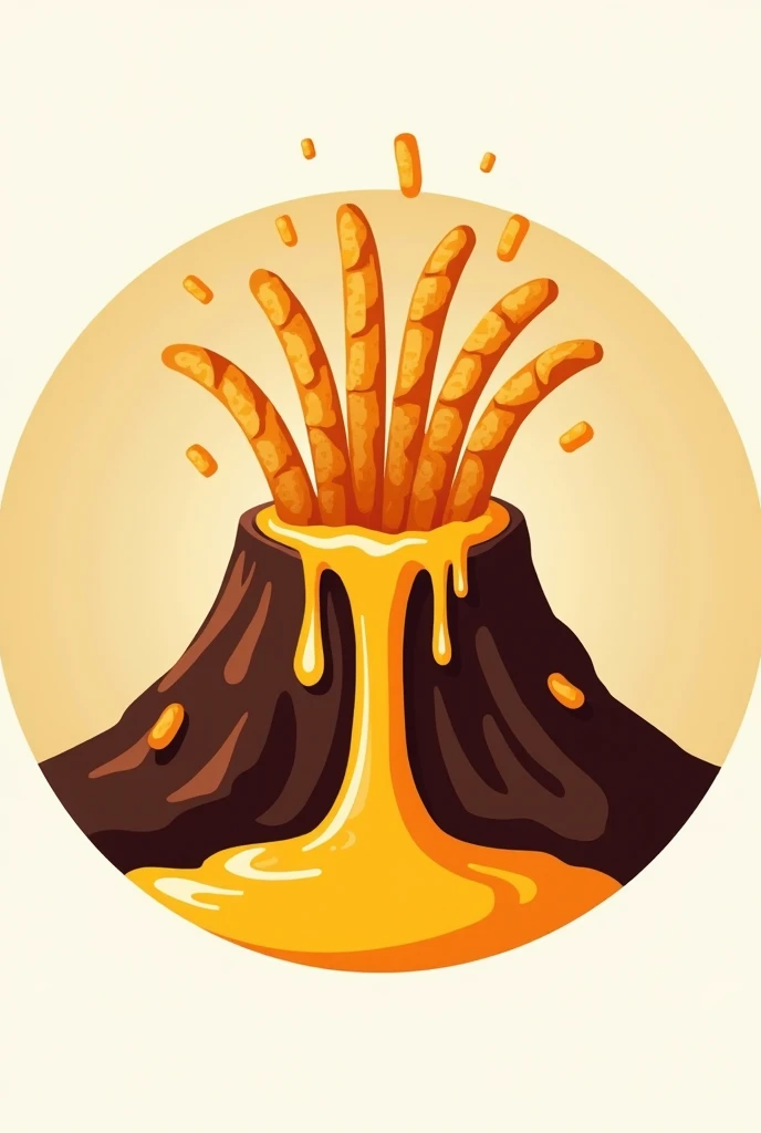 Creative round logo of a volcano with French fries pouring upwards and melted cheese simulating lava