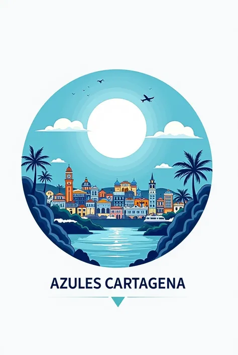 Create a logo in png format for an Airbnb apartment company called Azules Cartagena

The background is the city of Cartagena de Indias
And the logo with a wedge circle in the center with the name of the company
CARTAGENA BLUE 