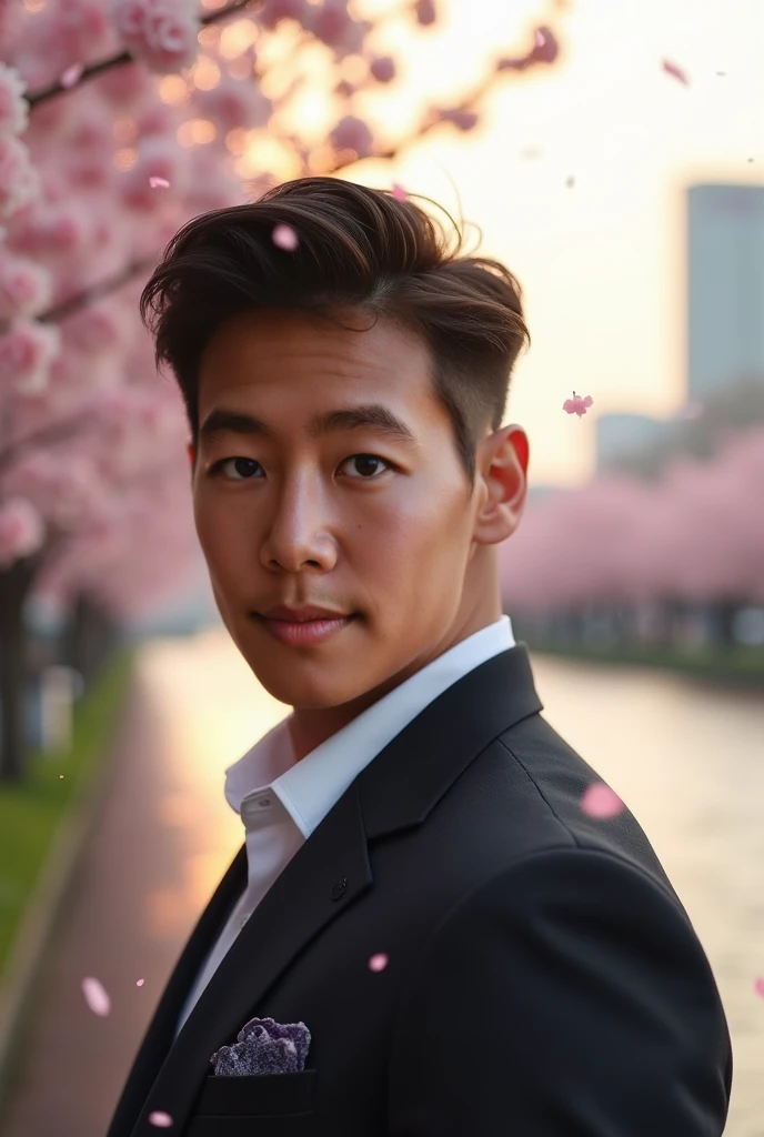 realism, 8K full body portrait ,  A handsome man , 28 Year Old Men ,  Charming Emotions,  Fine Face Detail ,  Cherry blossoming on both sides of Meguro River.  Tokyo Shibuya background 