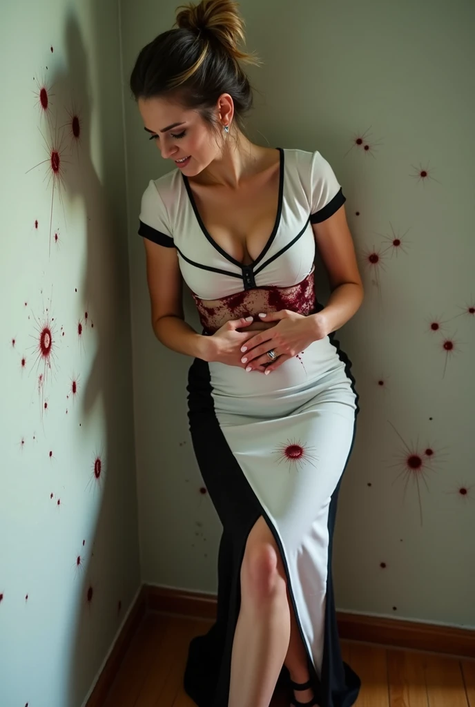 A woman with dark hair and blonde highlights in a sexy updo, wearing a tight white and black short sleeve midi dress and black strappy platform heels, clutching her belly and chest as she slowly slides down the wall, her face contorted in pain and distress...