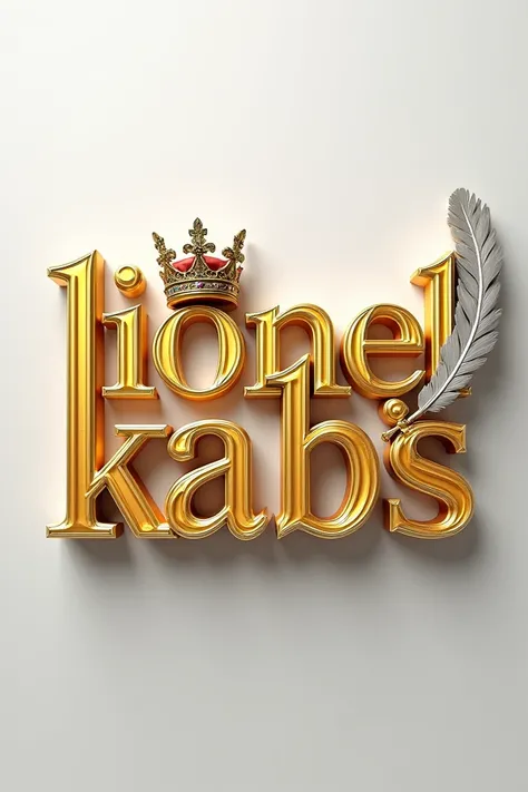 A captivating 3D digital artwork featuring the name "Lionel kabs" in exquisite gold and silver letters, with a touch of warm yellow-orange hues. The bold, enchanting typography is adorned with a majestic royal crown and a graceful feather, exuding grandeur...