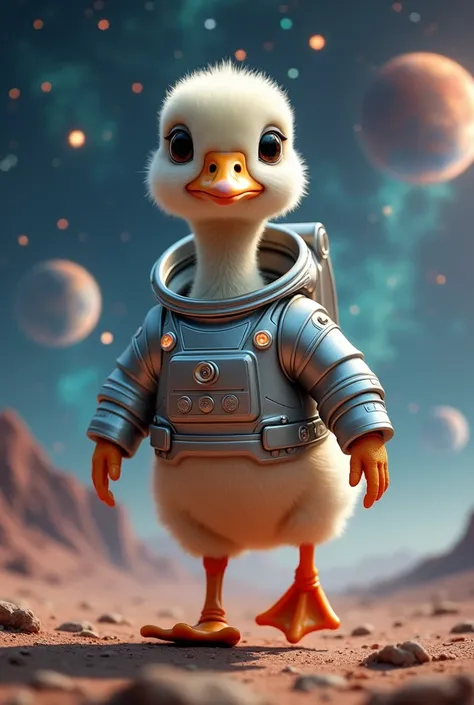 A cute and majestic baby goose with an ultra-detailed astronaut costume, proudly walking on an alien planet. The animal has large, expressive and bright eyes, and a confident posture. The spacesuit is metallic, futuristic and equipped with small luminous b...