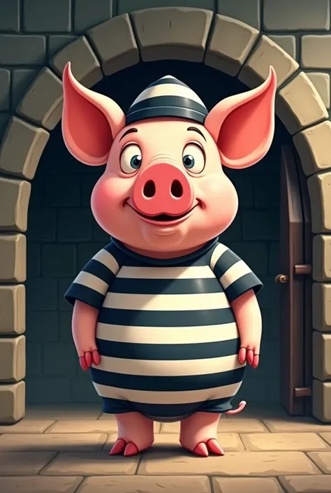 Un cochon juif avec une kipa devant un four et en tenue de prisonnier rayé horizontalement en blanc et noir , le tout dans un style cartoon