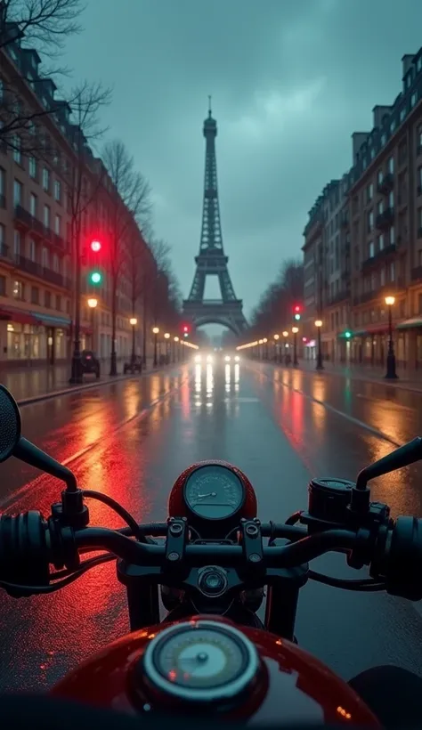 View from a motorcycle on a rainy night at an empty urban intersection, with wet reflective streets, glowing traffic lights (red, yellow, and green), and a dramatic stormy sky, featuring soft lens flares and moody lighting with glowing Eiffel tower view in...