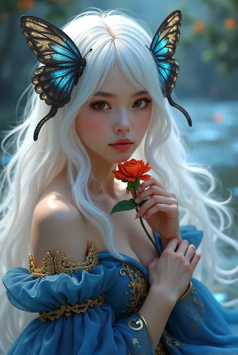 Girl with white hair long hair red eyes holding Rose on her fingers white and pink colour butterfly hairclipped in blue and black princess dress in shiny blue and shiny golden colour fluffy hair 