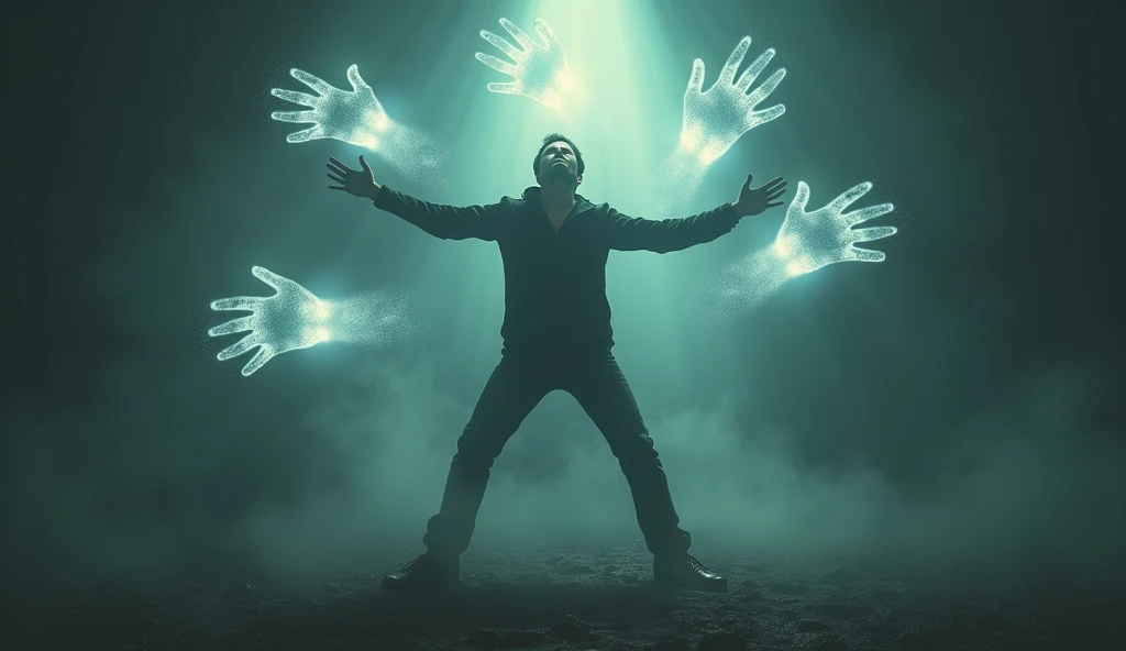 "A dramatic scene of a person being pulled by glowing, spectral hands in multiple directions, each hand representing a different force: money, fame, family, society, and success. The person resists, leaning back with a strained expression, their feet barel...