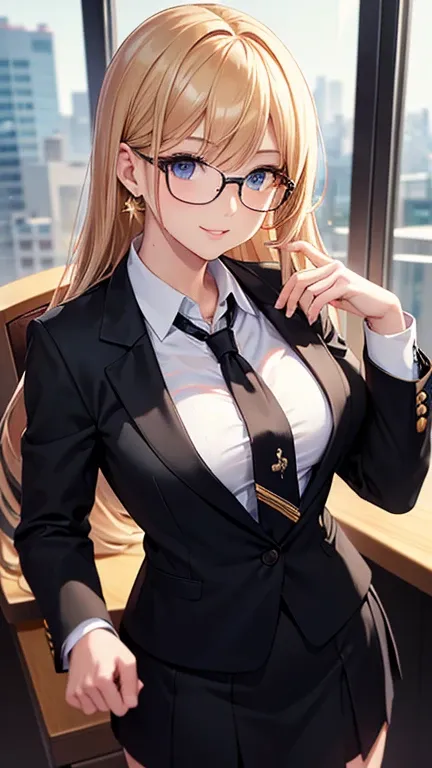 (best quality), (highly detailed), masterpiece, (official art), long hair, bangs, earring, gold hair, lips, blue eyes, smile, necktie, pose, glasses black jacket,(black suit),long sleeves, shirt tucked in,looking at viewer, shirt, pink necktie, white shirt...