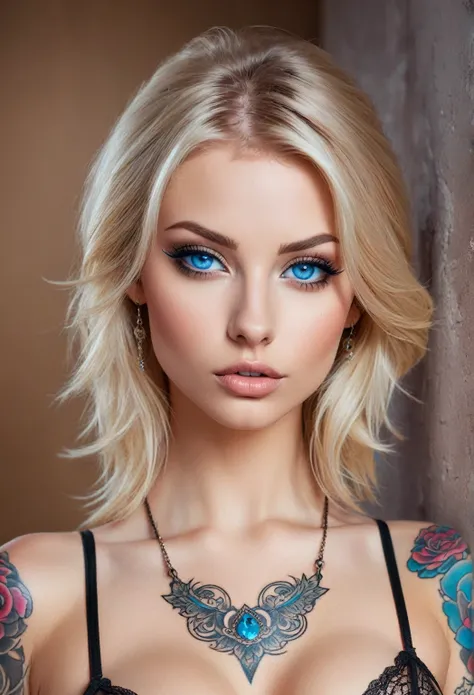 a beautiful girl,  blond hair, blue eyes, body with several tattoos, perfect lips, face of the perfect face, sexy, Sensual,  pierced in the beak of her breasts , the girl is posing for a full body photo, the girl is in lingerie