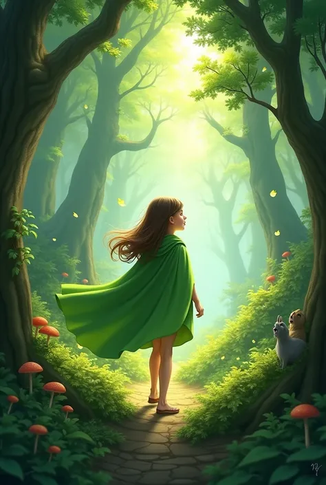 An illustration of a girl with a green cape in the middle of the forest.