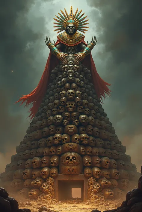 Mictlantecutli sitting in a tower of skulls


