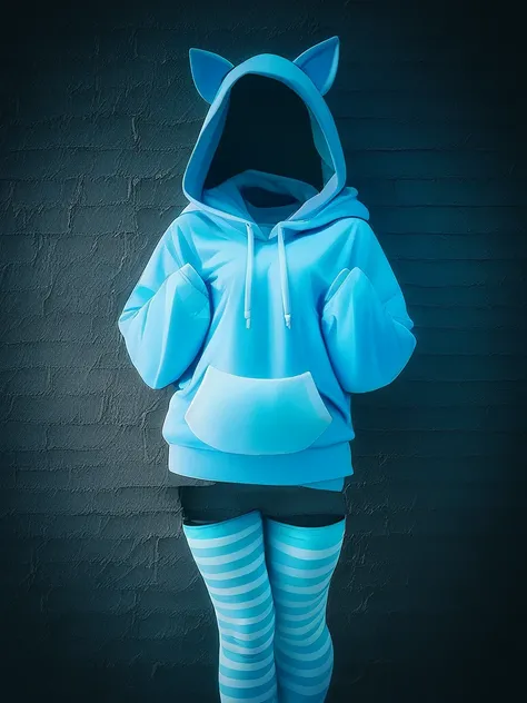 "A mysterious invisible girl wearing a slightly oversized hoodie and stockings, standing in a dimly lit urban alley at night. Her invisibility is hinted at by faint distortions in the air, outlines formed by the way light bends around her figure, and the s...