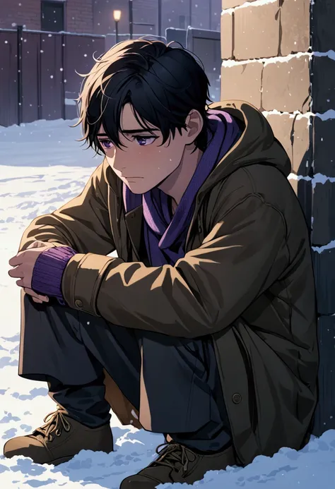 (Detailed), (High quality), young man, sobbing, sitting alone under the snow, huddle himself up, black hair, shy, young, homeless, purple eyes