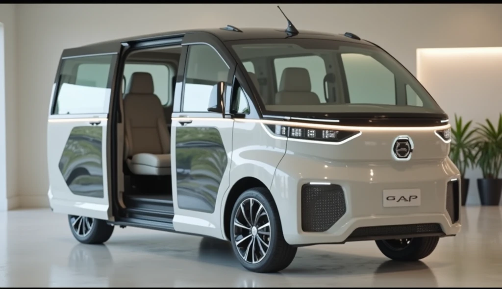 "A modern, light brighted and luxurious van showcased in a spacious indoor setting. The van features a sleek, futuristic design with sliding doors on one side, elegant LED headlights, a minimalistic grille, and large alloy wheels. The windows are large and...