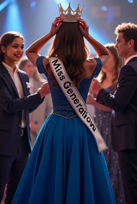 ((( view FROM BEHIND))) . LARGE BREAST, Miss RUSSIA long brown hair super tight blue evening maxi  dress pleated ball gown, stunning sequin, off shoulder evening slim fit dress). she cry because win Miss GENERATIONS tittle with sash "Miss Generations" and ...