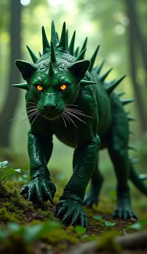 A photograph of a lithe, panther-like creature with emerald-green spiked armor plates that mimic jungle thorns, blending seamlessly into the underbrush. Its glowing amber eyes gleam as streaks of sunlight pierce through the dense rainforest canopy. Moistur...