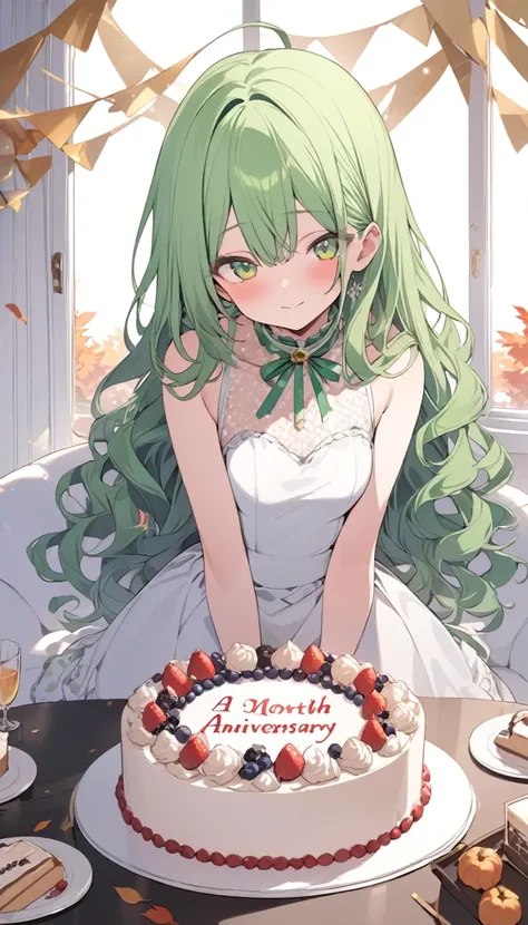 (Birthday celebration style), (((both hands holding a white board is writing font "1 month anniversary"))), solo:2, (beautiful and cute), (best delicate forehead) (beautiful green wavy hair detailed long hair) (best cute girl is ), (best cute green eyes), ...