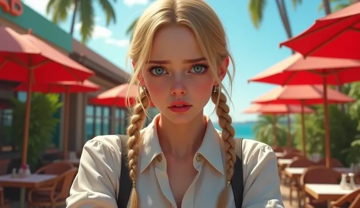 A hyper-realistic image of a young woman with blonde hair styled in two loose braids, wearing a crisp white blouse and dark suspenders. Her expression is intense and worried, with wide blue eyes that convey emotional tension. She is outdoors in a restauran...