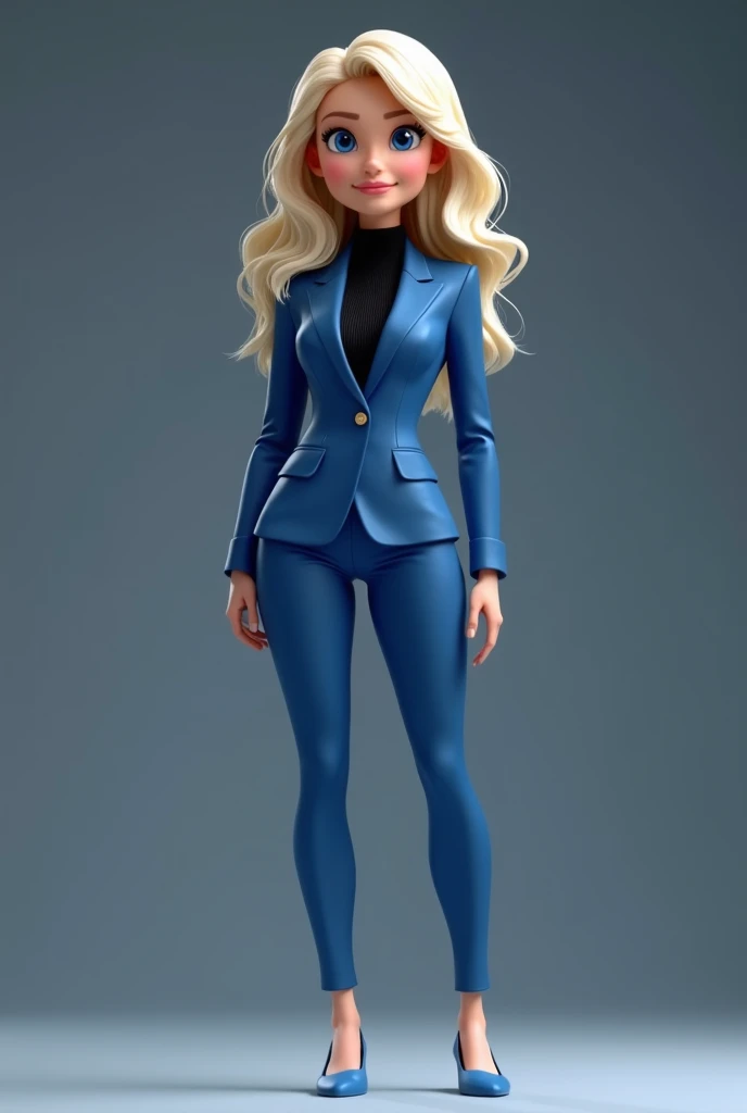  High quality 8K HD image .  Disney-Pixar art style .  A white British woman has an ideal body , sexy wavy body ,  and blue eyes and blonde hair .  He wears a blue blazer president , black turtleneck,  super tight satin pants , and light blue shoes .  the ...