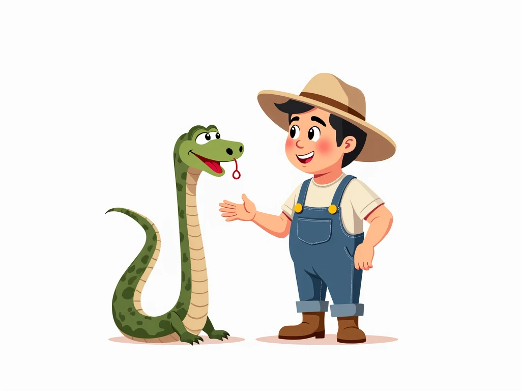  cartoon discussion between a man in blue jumpsuits,  beige hat and boots , And a snake  . white background