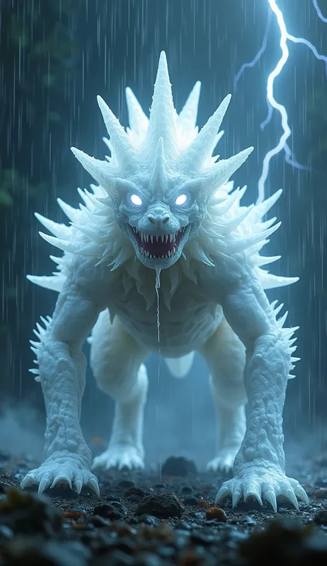 A photograph of a translucent, ethereal quadrupedal creature with storm-cloud-like spiked armor that crackles with arcs of electricity. Its glowing white eyes pierce through sheets of torrential rain, and its vaporous, shifting body reflects streaks of lig...