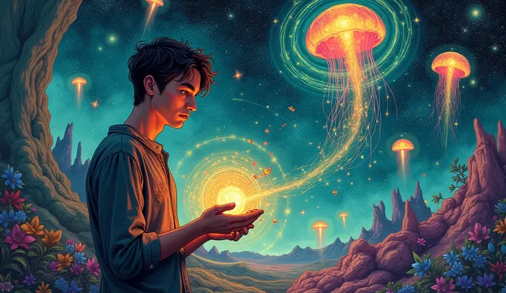 Create a vibrant mural illustrating mystical scene depicting a young man gazing thoughtfully at a handful of glowing, colorful seeds. Surround them with swirling waves of energy and ethereal jellyfish-like shapes in various shades. Emphasize a dreamlike at...