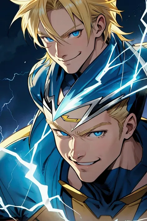 man, blond hair, strong, thin, smile, anime style, young, blue eyes, superhero costume, lightning, electric powers