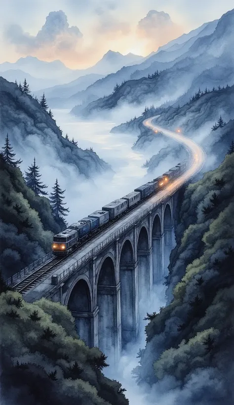 (masterpiece:1.2,Superior Quality,Mirror finish, Cinematic Experience, best illustration:2.0),8k,(Watercolor:2.0),(An old bridge shrouded in fog :2.0),(An old bridge is built in a mountainous area:2.0),( bridge over the mountainous area :2.0),( A freight t...